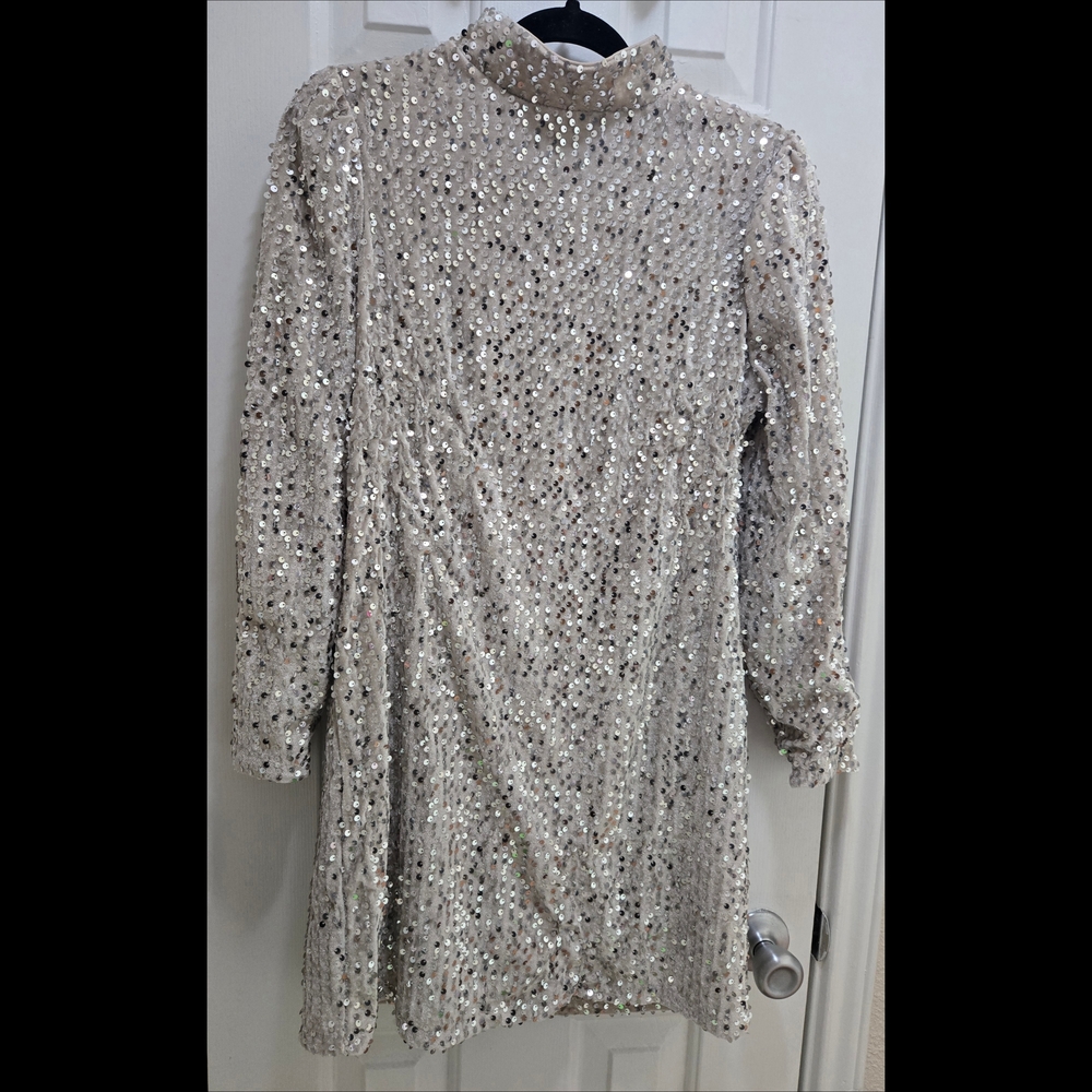 Sanctua Mini Dress Cream Silver Velvet Lined Sequin Accents Mock Neck Sz Med EUC